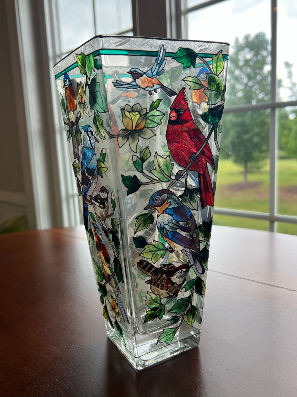 AMIA Designs Studio Hand-Painted Glass Bird Vase 10” tall